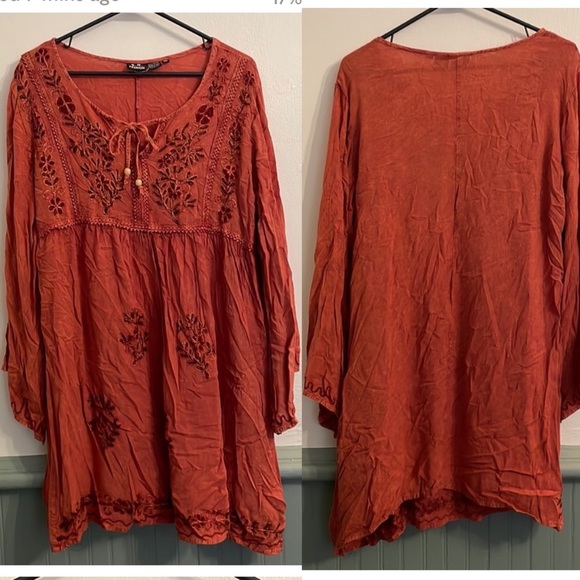 Dresses & Skirts - LONG Bell Sleeves Embroidered Floral burgundy boho coral mini dress size XL